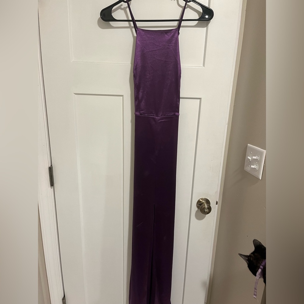 Lulu’s purple satin floor length dress with front slit